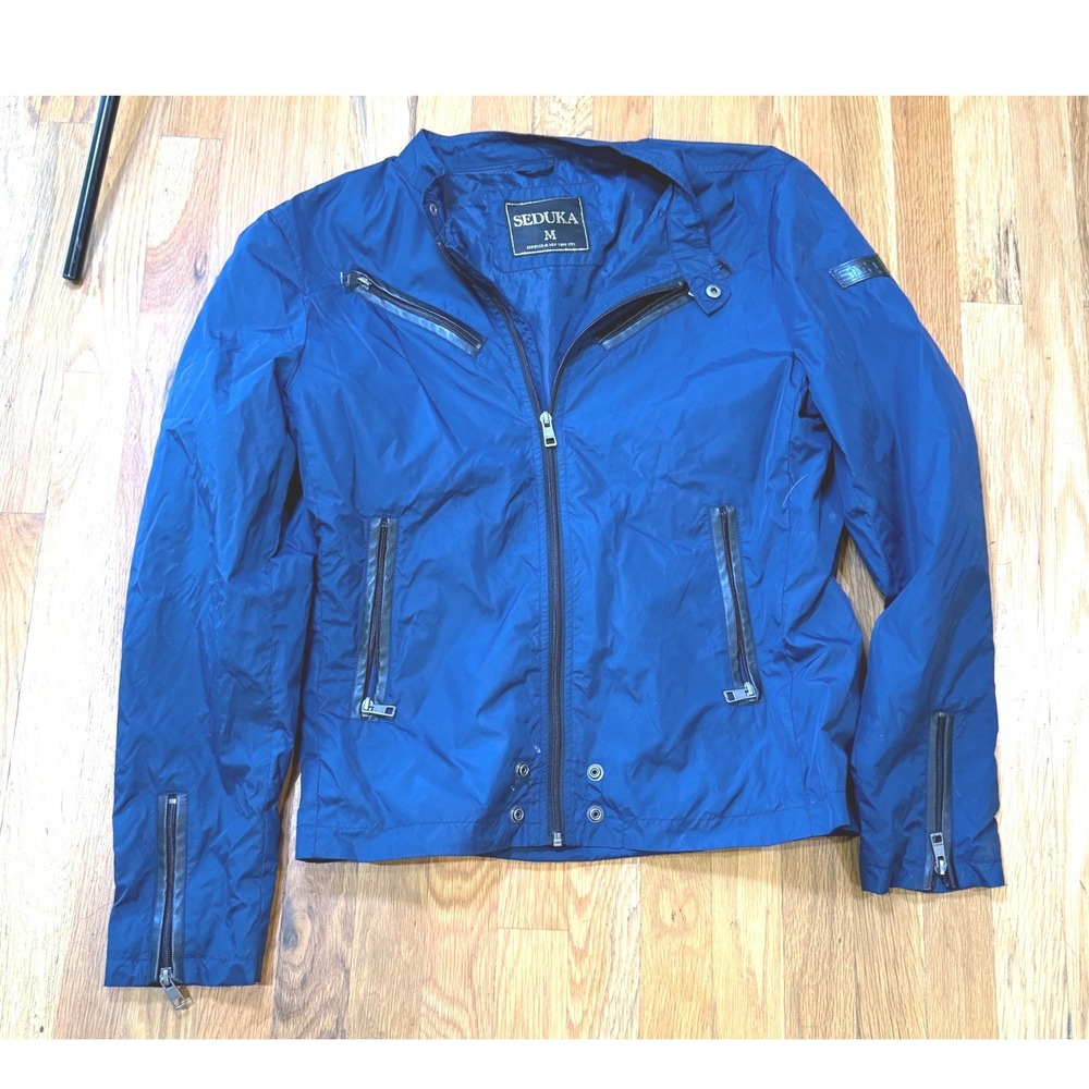 Seduka Royal Blue Nylon Cafe Racer Moto Jacket Size M Full Zip Lightweight